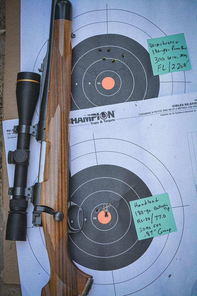Accuracy using handloads can be notably improved when compared to factory loads.  Using a Kimber BGR 89 rifle chambered in 300 Winchester Magnum, the top target was shot using Winchester 180-grain factory loads that grouped into 2.208 inches.  The bottom target was shot using handloads that contained the 180-grain Nosler Ballistic Tip bullets with Reloder 22 powder that grouped into .87 inches for five shots. These handloads are 100 percent within SAAMI specifications and are not tailored to this rifle, but illustrate how much accuracy can be improved with quality components and handloading savvy.